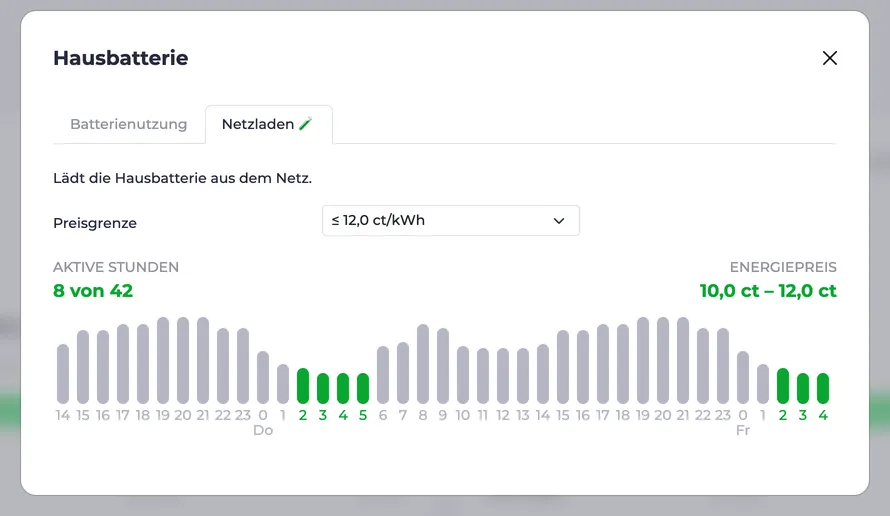 Home battery dialog for mains charging