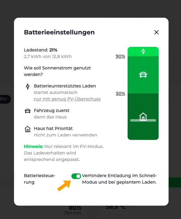 Batteriesteuerung: Verhindere Entladung im Schnell-Modus und bei geplantem Laden.