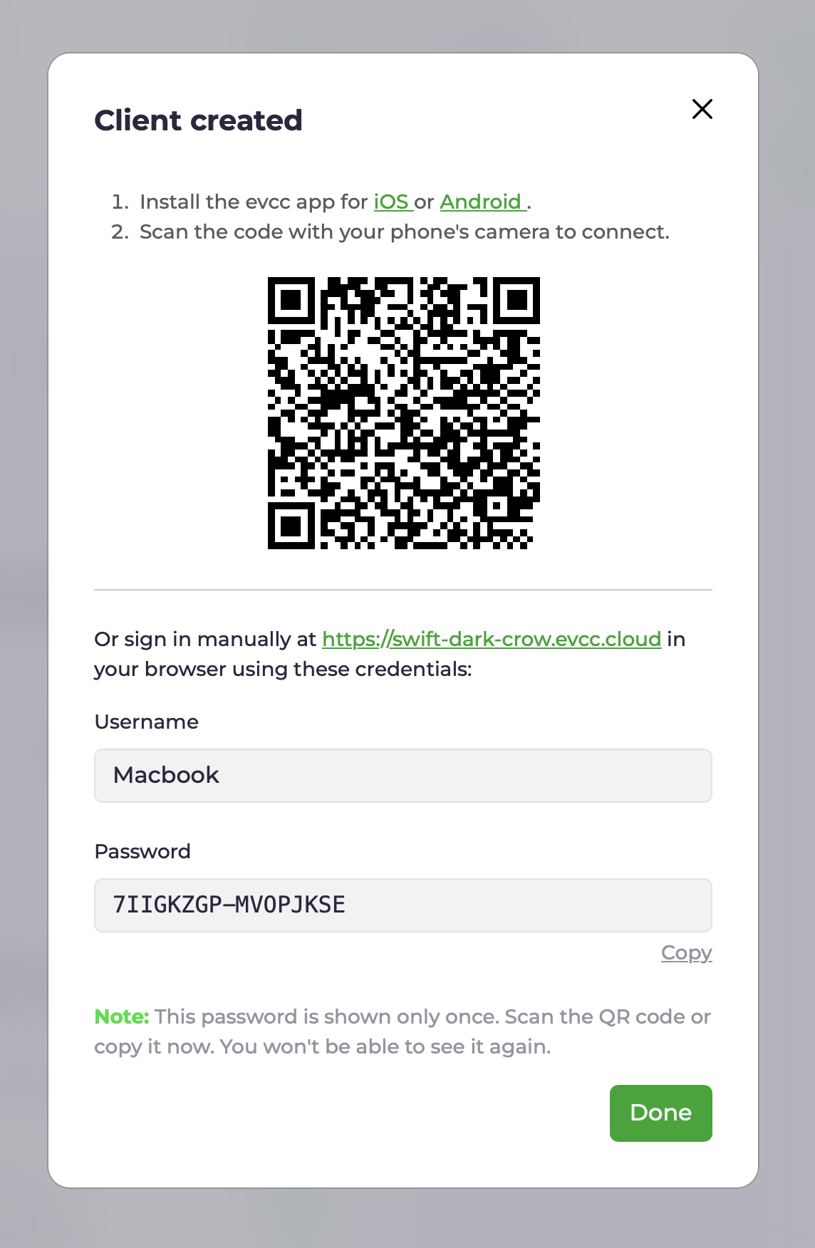 New client with QR code and credentials