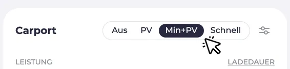 Screenshot of a charging point. Cursor clicks on the Min+Solar mode.