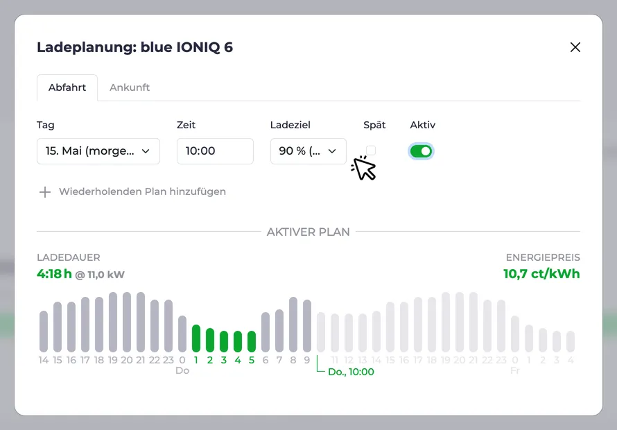 Screenshot of a charging plan using the charging status