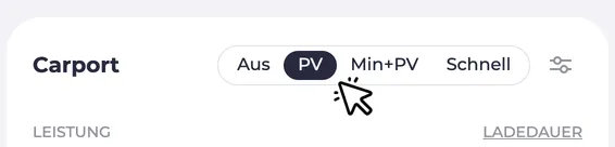 Screenshot of a charging point. Cursor clicks on the Solar mode.